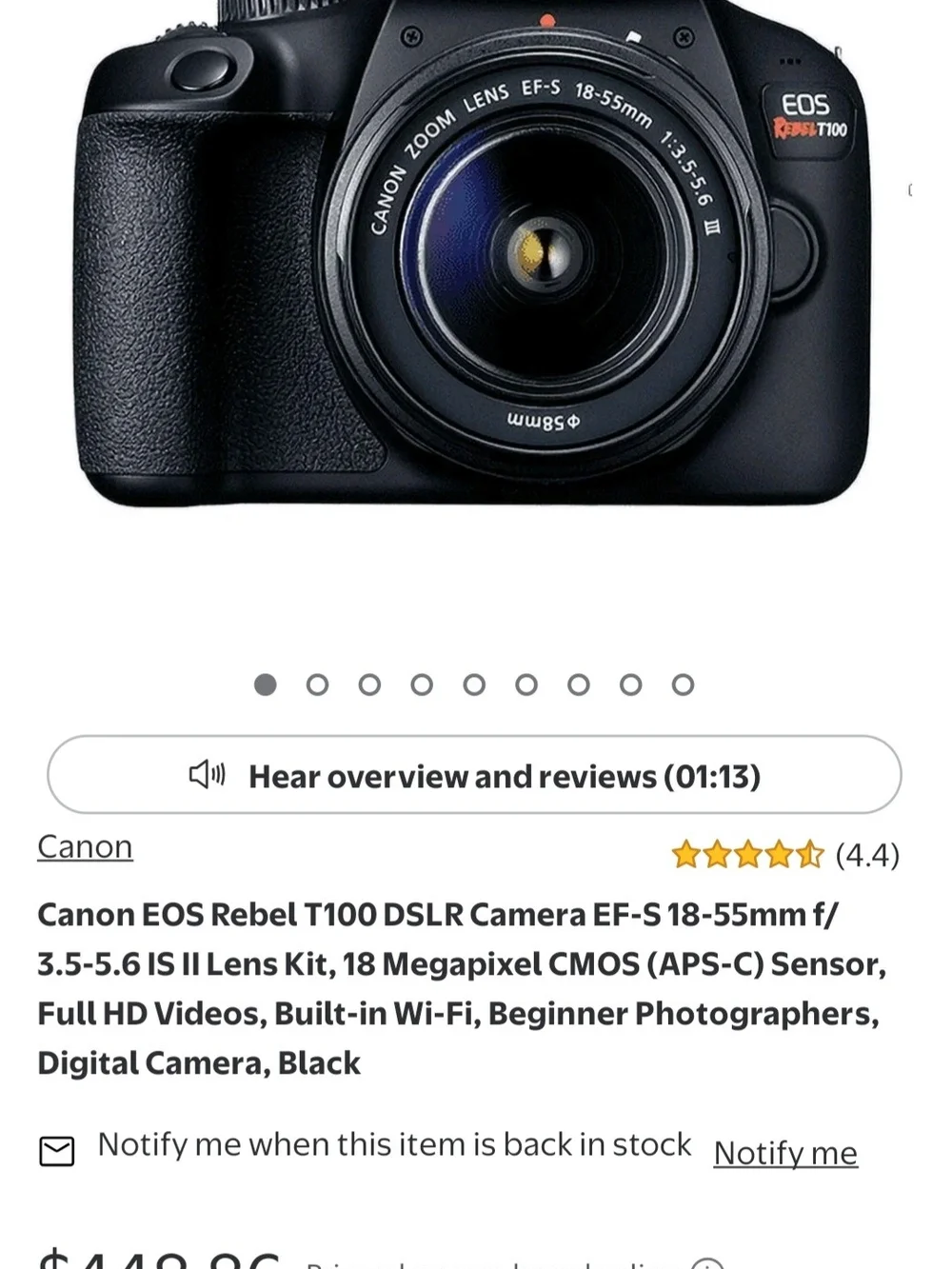 Canon EOS Rebel T100 DSLR Camera in Black with 18-55mm Lens